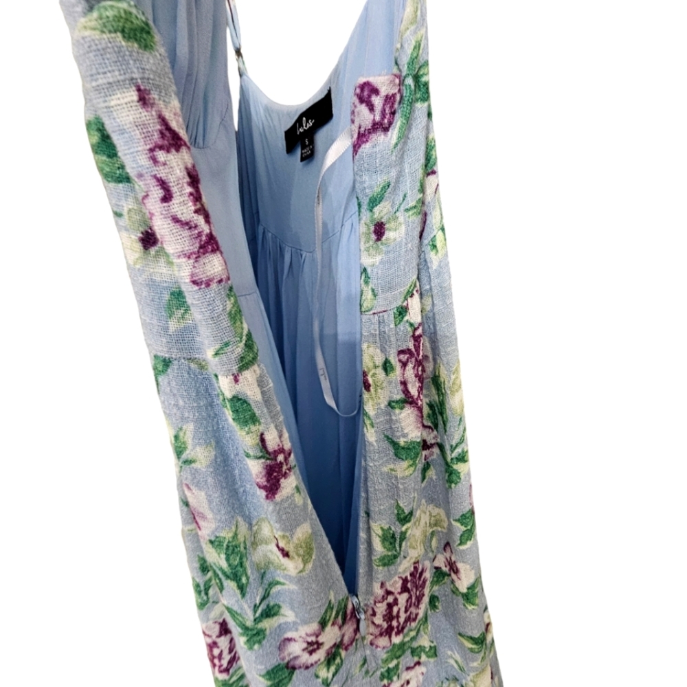 Lulu's Bliss Abound Bliss Baby Blue w/Purple Roses Ruffle Tiered Midi Dress - Picture 12 of 15